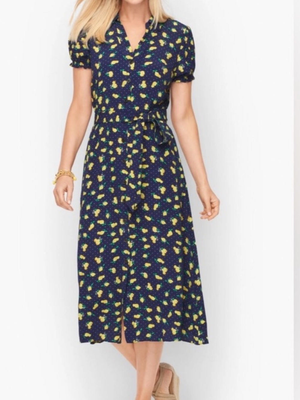 Talbots Lemon Print Button Front Midi Dress Sz 16P